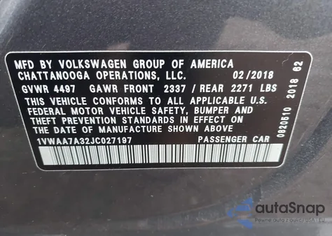 2018 Volkswagen Passat 2.0T R-Line/2.0T S из США, поврежденный, VIN 1VWAA7A32JC027197